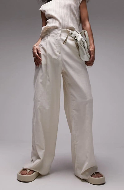 Topshop Cotton & Linen Wide Leg Trousers In Beige