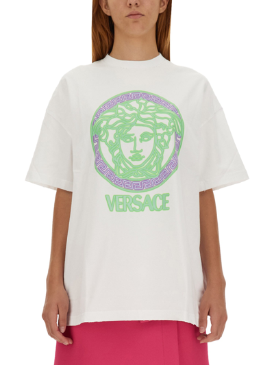 Versace Cotton T-shirt With Medusa Print In White