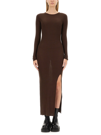Rick Owens Side-slit Virgin Wool Maxi Dress In Brown