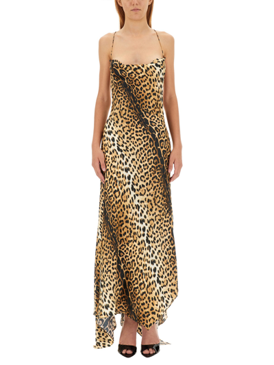 Roberto Cavalli Jaguar Print Silk Twill Long Cami Dress In Beige