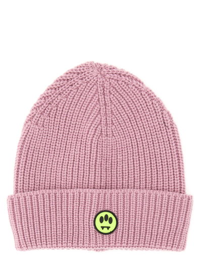 Barrow Logo-patch Ribbed-knit Beanie In Pink