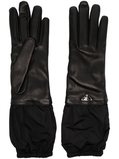 Prada Black Logo Plaque Leather Gloves