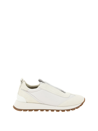 Brunello Cucinelli Women Slip On Sneakers In Leather And Fabric In White