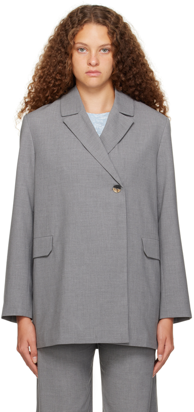 Ganni Grey Belted Blazer In 921 Paloma Melange