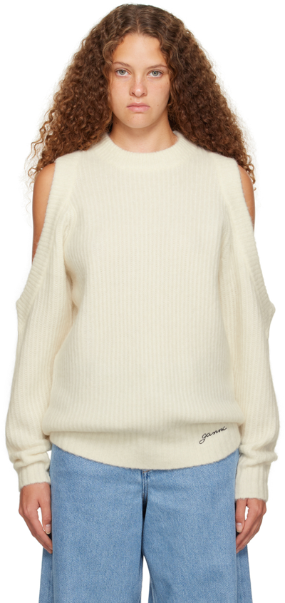 Ganni White Cutout Sweater In 135 Egret