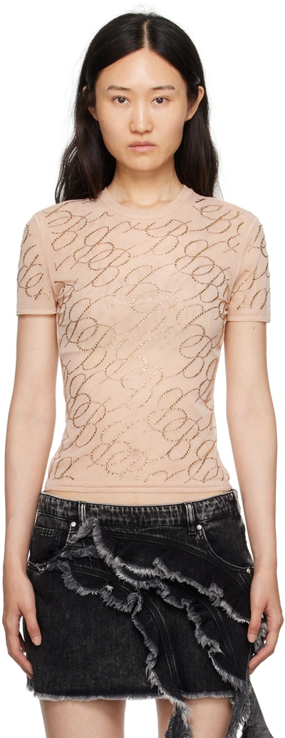 Blumarine Beige Crystal-cut T-shirt In N0817 Amberlight