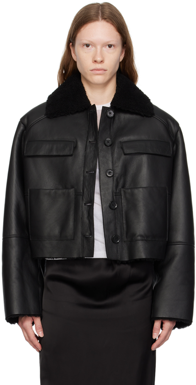 Loulou Studio Leather Aviator Jacket With Shearling Trim In Black