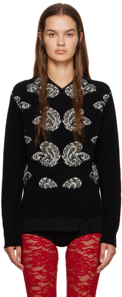 Puppets And Puppets Lena Paisley Jacquard V-neck Wool Blend Sweater In Black/ White