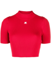Courrèges Shoulder Snaps Rib Knit Cropped Sweater Top In Red