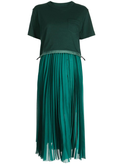 Sacai Pleated Contrast-panel Cotton Midi Dress In Green