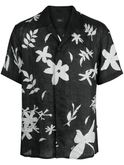 Brioni Men's Floral-print Cotton Camp Shirt In Black