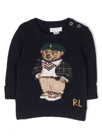 Ralph Lauren Babies' Polo Bear Intarsia-knit Jumper In Blu