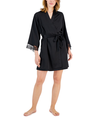 Inc International Concepts Women's Lace-trim Satin Robe, Created For Macy's In Deep Black