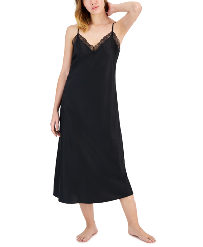 I.n.c. International Concepts Women's Lace-trim Satin Nightgown, Created For Macy's In Deep Black