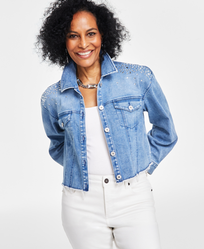 Inc International Concepts Women's Embellished Denim Trucker Jacket, Created For Macy's In Light Indigo