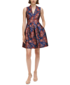 Vince Camuto Petites Womens Embroidered Polyester Fit & Flare Dress In Navy Red