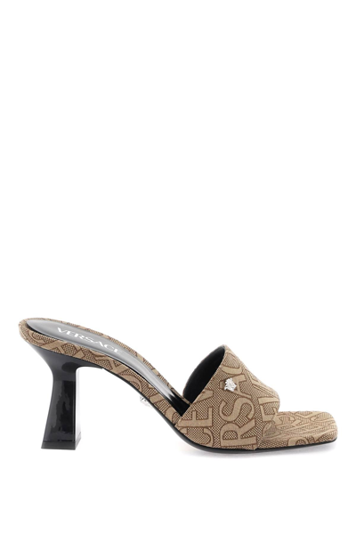 Versace Embellished Logo-jacquard Canvas Mules In Brown