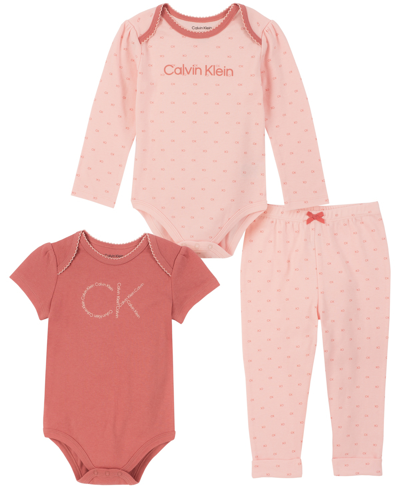 Calvin Klein Baby Girls Logo Print Bodysuits And Joggers, 3-piece Set In Pink