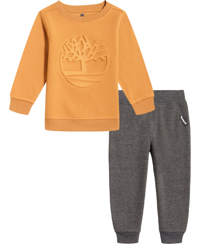 Timberland Toddler Boys Fleece Embossed Logo Crewneck Sweatshirt And Heather Joggers, 2 Piece Set In Brown Sugar