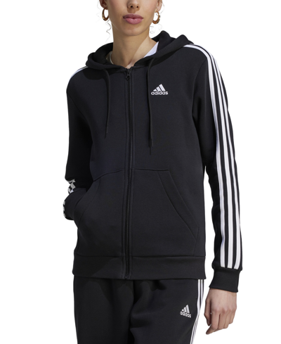Adidas Originals Adidas Women's 3-stripe Cotton Fleece Full-zip Hoodie Sweatshirt In Black,white