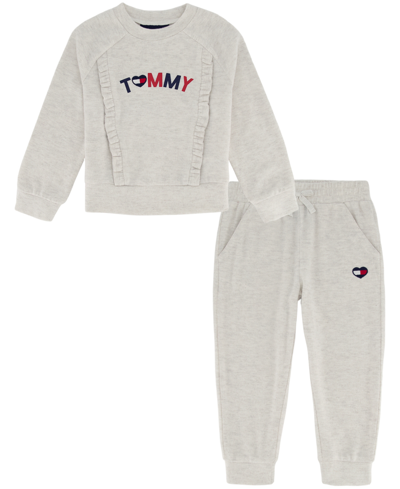 Tommy Hilfiger Toddler Girls Hacci Ruffle-trim Logo Crewneck Pullover And Joggers Set, 2 Piece In Gray Heather
