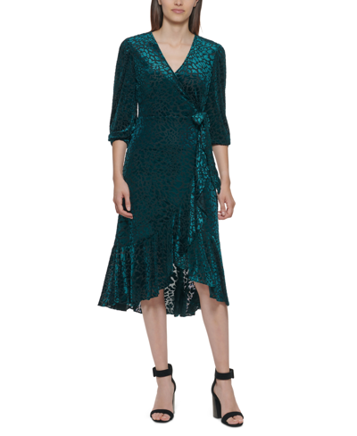 Calvin Klein Petite Animal-print Velvet Burnout Dress In Malachite