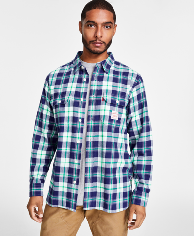 Levi's Levis Mens Worker Relaxed Fit Plaid Button Down Shirt Workwear Relaxed Fit Solid Pocket T Shirt Work In Ivan Plaid Rainy Day