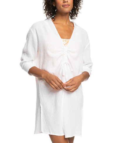 Roxy Sun & Limonade Ruched Long Sleeve Cotton Cover-up Tunic In Bright White