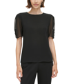 Calvin Klein Womens Sheer Elbow Sleeve Blouse In Black