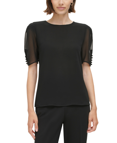 Calvin Klein Petite Elbow-sleeve Crewneck Top In Black