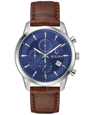Bulova Men's Chronograph Classic Sutton Brown Leather Strap Watch 41mm In Blue / Brown
