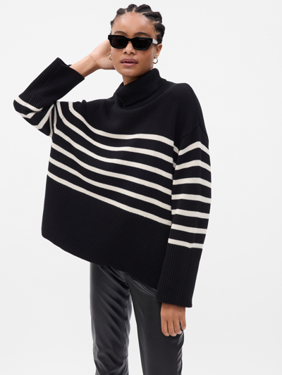 Gap Split-hem Turtleneck Sweater In Black & White Breton Stripe