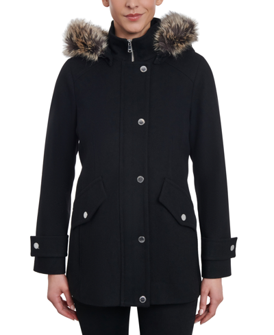 London Fog Women's Faux-fur-trim Hooded Wool Blend Walker Coat In Black