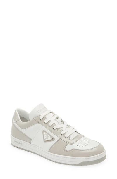 Prada Downtown Leather Sneakers In White Grey