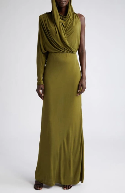 Saint Laurent Single Long Sleeve Crepe Jersey Maxi Dress In Vert Dore