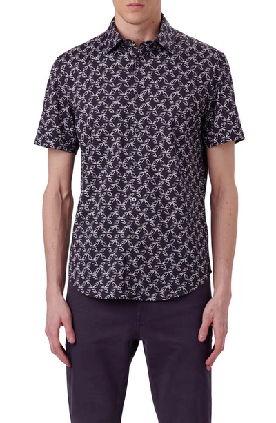 Bugatchi Ooohcotton® Miles Leaf Print Short Sleeve Button-up Shirt In Black