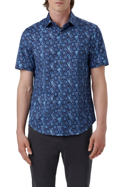Bugatchi Miles Ooohcotton® Leaf Print Short Sleeve Button-up Shirt In Cobalt