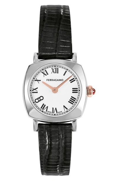 Ferragamo 23mm  Soft Square Watch With Leather Strap In White/black