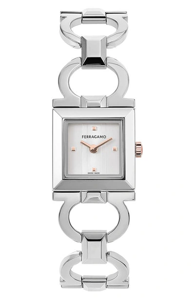 Ferragamo 20mm Double Gancini Square Watch With Bracelet Strap In Stainless