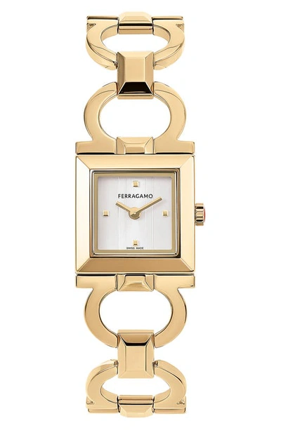 Ferragamo 20mm Double Gancini Square Watch With Bracelet Strap, Yellow Gold In White/gold