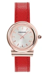 Ferragamo 28mm Gancini Watch With Leather Strap, Rose Gold In Silver/red