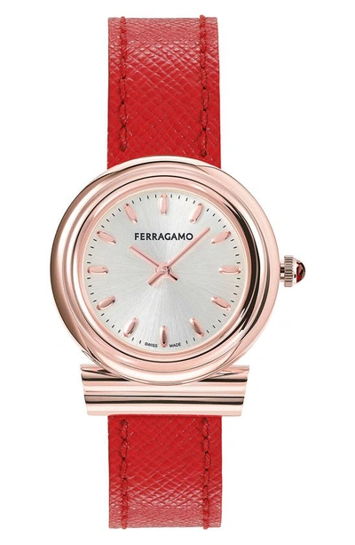 Ferragamo 28mm Gancini Watch With Leather Strap, Rose Gold In Silver/red