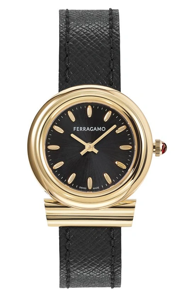 Ferragamo 28mm Gancini Watch With Leather Strap, Black In Ip Yellow Gold