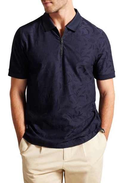 Ted Baker Floral Jacquard Zip Polo In Navy