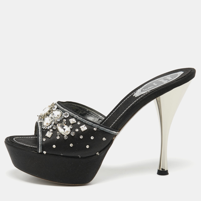 Pre-owned René Caovilla Black Satin Embellished Slide Sandals Size 37.5
