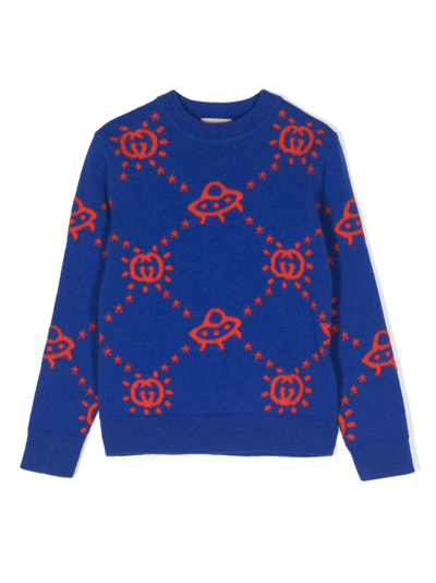 Gucci Kids' Gg Ufo-intarsia Wool Jumper In Blau