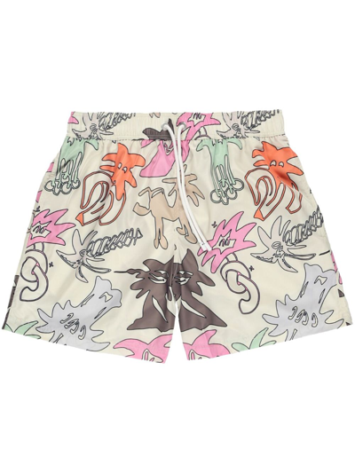 Palm Angels Palmity-print Drawstring Swim Shorts In Butter_multi