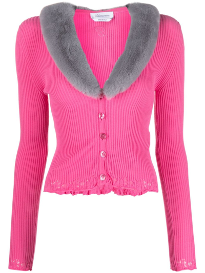 Blumarine Faux Fur-collar Cardigan In Pink