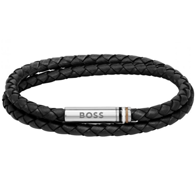 Hugo Boss Boss Ares Braided Leather Bracelet Black