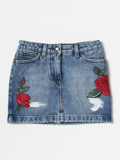 Dolce & Gabbana Kids' Skirt In Used Effect Denim With Floral Embroidery In Blue